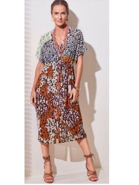 Cabi Escape Animal Print Sheer V-Neck Tie Waist Midi Dress Boho Purple Medium